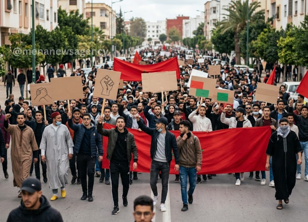 menanewsagency 41 - MENA News Agency Large crowd of protesters marching down a city street, holding blank cardboard signs and a prominent red banner at the front.