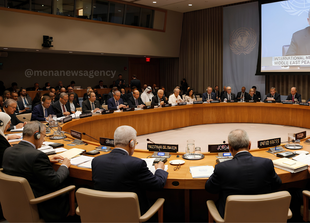 menanewsagencyorg 48 watermark - MENA News Agency delegates seated around a large curved conference table in a formal meeting room, with nameplates and a screen displaying UN insignia in the background